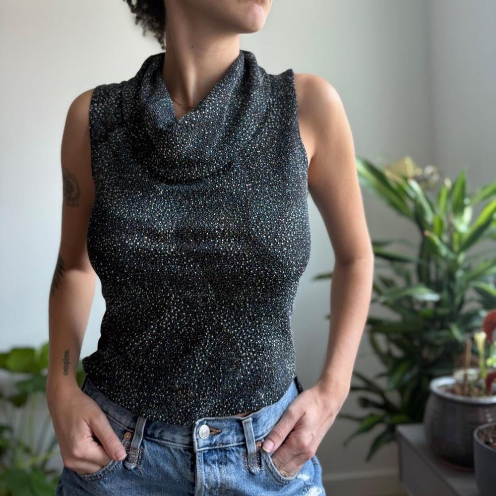 Linda Leal Womens Cowl Neck Sleeveless Metallic Shimmer Top Black Multi Medium